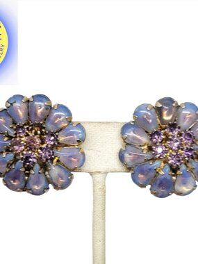 Vintage Signed Weiss Goldtone Purple Rhinestone Flower Clip Earrings